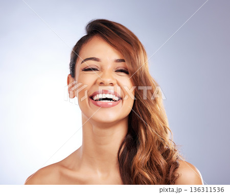 Portrait, smile and girl with beauty for cosmetology or dermatology with luxury facial treatment. Skincare, woman and happy face with makeup for aesthetic with self care or cosmetics and wellness. 136311536