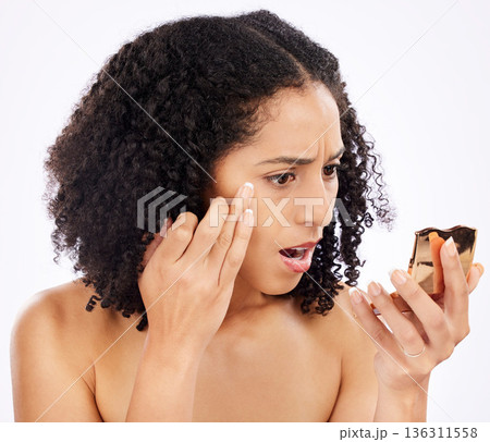 Woman, bag and eyes with mirror, studio and thinking for anti-aging, wellness or surprise by white background. Girl, model and stress to wow for wrinkles, beauty or cosmetic problem with facial youth 136311558