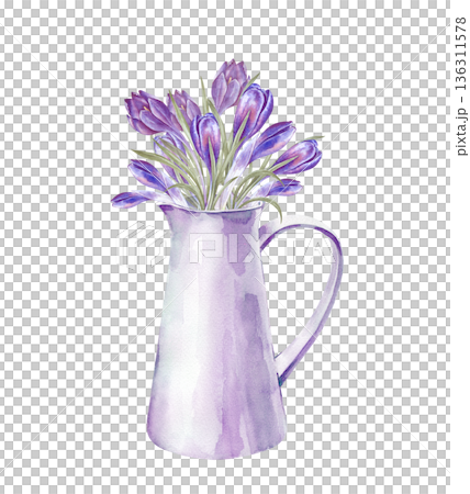 A spring composition of a white jug and a bouquet of purple crocuses. Watercolor illustration on an isolated background. Realistic seasonal home decor clipart for spring themes, Easter, Mother's Day A spring composition of a white jug and a bouquet of purple crocuses. Watercolor illustration on an isolated background. Realistic seasonal home decor clipart for spring themes, Easter, Mother's Day 136311578