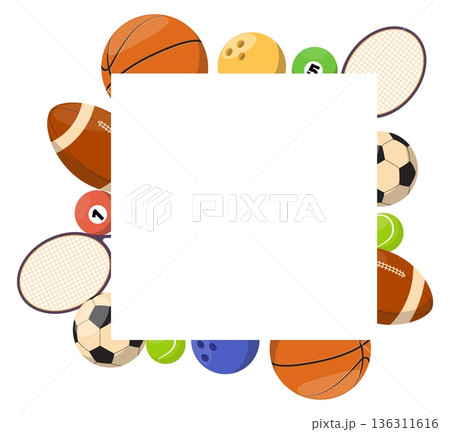 Advertising banner or poster featuring sports balls and equipment. Bowling sphere. Ping pong or tennis racquet. Professional athletic tournament. Football hardball. Vector background 136311616