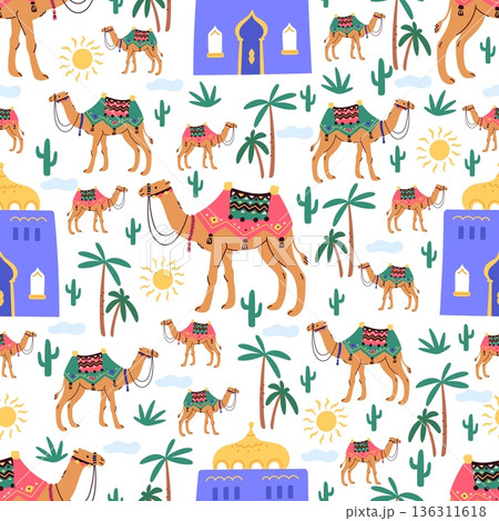 Ancient oriental buildings. Palm trees and camels in bright capes seamless pattern. Islamic stone homes. Repeated print. Traditional Arabic architecture. Minaret tower. Vector background 136311618