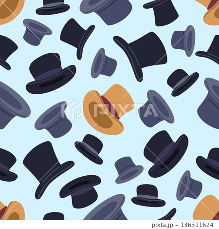 Antique multicolored mens headwear seamless pattern. Gentleman top hats. Old-fashioned cylinder. Repeated print. Male clothing. Dandy accessory. Ancient headgear. Vector background Antique multicolored mens headwear seamless pattern. Gentleman top hats. Old-fashioned cylinder. Repeated print. Male clothing. Dandy accessory. Ancient headgear. Vector background 136311624
