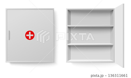 Realistic open and closed medical cabinet with shelves for medicines and drugs on white background. First aid. Medication storage. Health care box with cross icon. Vector isolated objects Realistic open and closed medical cabinet with shelves for medicines and drugs on white background. First aid. Medication storage. Health care box with cross icon. Vector isolated objects 136311661