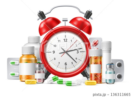 Realistic red alarm clock. Time to take pills and capsules. Plastic medicine packaging and drug blisters. Timepiece dial. Medical treatment. Prescription remedy for patient. Vector concept Realistic red alarm clock. Time to take pills and capsules. Plastic medicine packaging and drug blisters. Timepiece dial. Medical treatment. Prescription remedy for patient. Vector concept 136311665