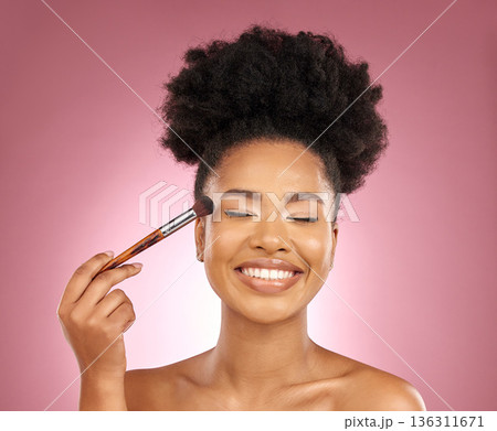Makeup, smile and black woman with brush, natural beauty and skincare on a studio background. Female person, aesthetic and happy model with cosmetic tools, grooming and dermatology with self care Makeup, smile and black woman with brush, natural beauty and skincare on a studio background. Female person, aesthetic and happy model with cosmetic tools, grooming and dermatology with self care 136311671