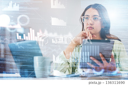 Woman, thinking and overlay of data analytics, tablet and laptop for research in business management. Future technology, hologram with graphs and charts, trader at desk in office with digital info. 136311690