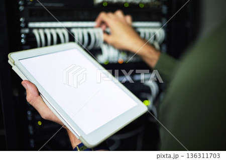Screen, server room and hands with a tablet for information, network analytics or maintenance. Closeup, working and a programmer with blank technology for system connectivity, coding or support Screen, server room and hands with a tablet for information, network analytics or maintenance. Closeup, working and a programmer with blank technology for system connectivity, coding or support 136311703