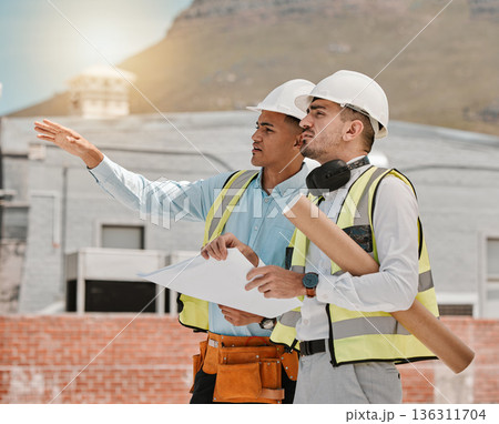 Architect planning, teamwork or people gesture at development project, building site or civil engineering. Construction worker, collaboration or engineer team cooperation on urban industrial property 136311704