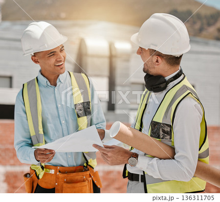 Architecture blueprint, smile and people teamwork on development project, floor plan or design sketch. Construction worker success, engineer team and architect cooperation on industrial illustration Architecture blueprint, smile and people teamwork on development project, floor plan or design sketch. Construction worker success, engineer team and architect cooperation on industrial illustration 136311705
