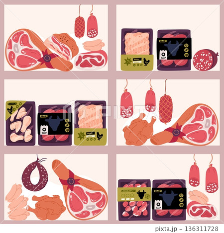 Shelves with meat products seamless pattern. Butcher shop. Beef sausages. Chicken fillet on trays. Ham and frankfurters. Vacuum wrap packaging. Butchery assortment. Vector background 136311728