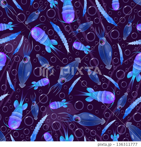 Transparent plankton seamless pattern. Tiny animal crustaceans. Phytoplankton swim in dark ocean waters. Repeated print. Marine fauna. Luminous inhabitants of seabed. Vector background Transparent plankton seamless pattern. Tiny animal crustaceans. Phytoplankton swim in dark ocean waters. Repeated print. Marine fauna. Luminous inhabitants of seabed. Vector background 136311777