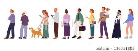 Various people standing in long line. Waiting row to cashier or public registration. Men and women together with children stand in queue. Male and female shoppers. Vector organized group 136311803