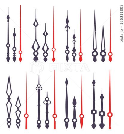 Vintage black hour and minute hands with second pointer. Decorative timepiece. Time measurement. Retro elegant design. Classic chronometer face elements. Long and short arrows vector set Vintage black hour and minute hands with second pointer. Decorative timepiece. Time measurement. Retro elegant design. Classic chronometer face elements. Long and short arrows vector set 136311805