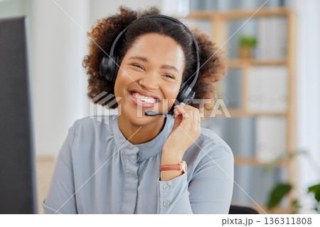 Call center, crm and happy woman at help desk office, sales and telemarketing with headset for talking. Consulting, communication and face of virtual assistant, customer service agent or care advisor Call center, crm and happy woman at help desk office, sales and telemarketing with headset for talking. Consulting, communication and face of virtual assistant, customer service agent or care advisor 136311808