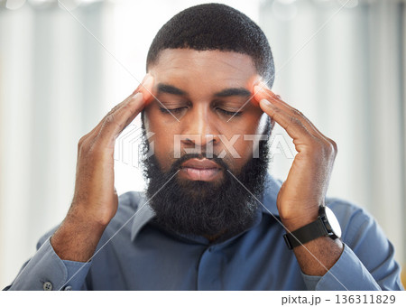 Business, pain and black man with a headache, burnout and audit deadline with health problem, emergency and stress. Male person, employee and consultant with a migraine, medical issue and overworked Business, pain and black man with a headache, burnout and audit deadline with health problem, emergency and stress. Male person, employee and consultant with a migraine, medical issue and overworked 136311829