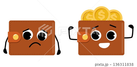 Cheerful cartoon wallet with gold coins. Sad empty pocket. Poverty and financial prosperity. Full purse. Character smile or upset faces. Leather bag for cash. Vector savings pouches set Cheerful cartoon wallet with gold coins. Sad empty pocket. Poverty and financial prosperity. Full purse. Character smile or upset faces. Leather bag for cash. Vector savings pouches set 136311838
