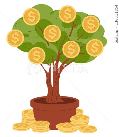 Green money tree with gold coins on branches in ceramic pot. Successful investment. Financial income and savings growth. Economy success. Plant growing in flowerpot. Vector concept 136311854