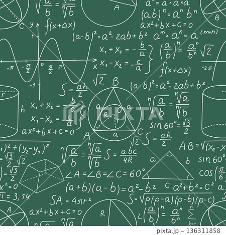Green school board with mathematical formulas. Algebra calculations seamless pattern. Geometry graphs and trigonometry functions drawing at chalkboard. Vector blackboard background 136311858
