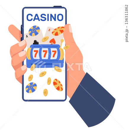 Hand holds mobile phone with online casino and slot machines on screen. Smartphone application display. Money and gamble chips betting. Gambler arm. Lucky tokens play. Vector concept Hand holds mobile phone with online casino and slot machines on screen. Smartphone application display. Money and gamble chips betting. Gambler arm. Lucky tokens play. Vector concept 136311862