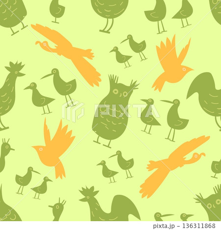 Multicolored bird silhouettes seamless pattern. Doodle owl and rooster. Flying pigeon. Repeated children print. Sparrow fowl. Feather animal. Cute birdie flight. Vector flat background 136311868