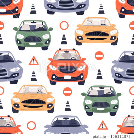 Multicolored passenger cars against backdrop of road signs. Automobiles traffic seamless pattern. Transport driving. Repeated print. Stop and attention signposts. Vector background Multicolored passenger cars against backdrop of road signs. Automobiles traffic seamless pattern. Transport driving. Repeated print. Stop and attention signposts. Vector background 136311872