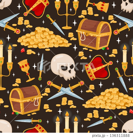 Pirate treasures seamless pattern. Gold coins. Wooden chests. Precious stones. Cold weapons and burning candles. Repeated print. Filibuster skull. Corsair wealth. Vector background 136311888