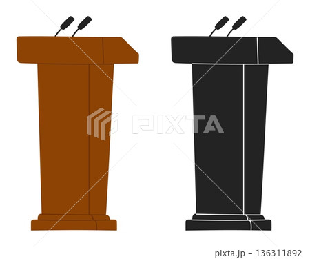 Podium icon with microphones for public speaking. Wooden stand silhouette. Press conference. Speakers tribune. Orator stage with mic. Political speech pedestal. Vector isolated set 136311892