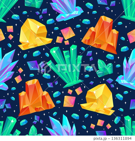 Precious crystals and stones seamless pattern. Diamond facets. Treasure rubies. Minerals rock. Repeated print. Jewel sapphires. Sparkling quartz. Magic stalagmites. Vector background Precious crystals and stones seamless pattern. Diamond facets. Treasure rubies. Minerals rock. Repeated print. Jewel sapphires. Sparkling quartz. Magic stalagmites. Vector background 136311894