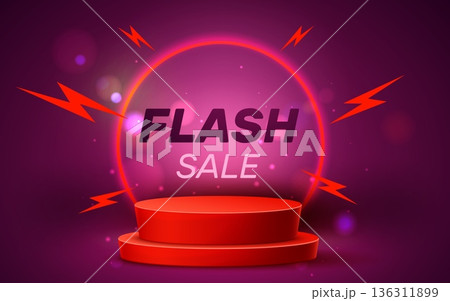 Realistic banner with flash sales. Red catwalk and lightning symbols. Shopping special offer. Discount podium. Empty exhibition cylinder pedestal. Presentation stand. Vector background 136311899
