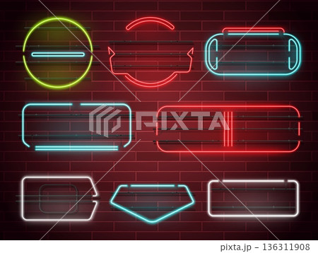 Realistic empty neon frames and signs on red brick wall. Glowing geometric borders. Blank signboards with led line lights. Advertising disco bar signage. Vector luminous billboards set 136311908