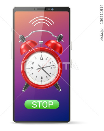 Realistic mobile phone touchscreen with red ringing alarm clock. Smartphone display. Timer alert noise. Timepiece bells. Cellphone application. Wake signal sound. Vector isolated object Realistic mobile phone touchscreen with red ringing alarm clock. Smartphone display. Timer alert noise. Timepiece bells. Cellphone application. Wake signal sound. Vector isolated object 136311914