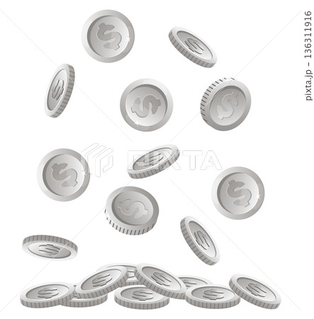 Silver coins fall from above. Finance savings. Treasure cash pile. Investment profit. Metal dollar currency. Money falling. Win casino jackpot. Vector concept of winning or jackpot 136311916