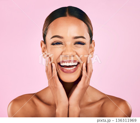 Skincare, beauty and portrait of happy woman with makeup, wellness and glow on pink background. Cosmetics, dermatology and model with smile on face, luxury facial care and healthy aesthetic in studio Skincare, beauty and portrait of happy woman with makeup, wellness and glow on pink background. Cosmetics, dermatology and model with smile on face, luxury facial care and healthy aesthetic in studio 136311969