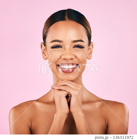Skincare, makeup and portrait of happy woman with natural beauty, wellness and glow on pink background. Cosmetics, dermatology and model with smile, luxury facial care and spa aesthetic in studio. Skincare, makeup and portrait of happy woman with natural beauty, wellness and glow on pink background. Cosmetics, dermatology and model with smile, luxury facial care and spa aesthetic in studio. 136311972