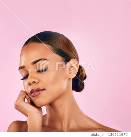 Makeup, calm and a woman on a studio background for beauty, spa marketing or skincare. Peace, relax and face of a young girl or model for cosmetics advertising or aesthetic isolated on a backdrop Makeup, calm and a woman on a studio background for beauty, spa marketing or skincare. Peace, relax and face of a young girl or model for cosmetics advertising or aesthetic isolated on a backdrop 136311973