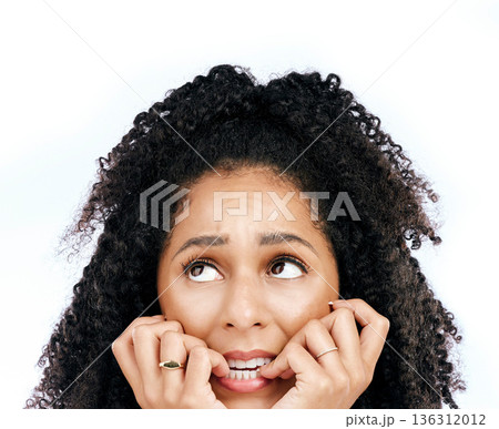 Bite nails, thinking and face of woman on a white background for worry, doubt and uncertain. Anxiety, confused and female person worried, anxious and unsure for problem, crisis and choice in studio Bite nails, thinking and face of woman on a white background for worry, doubt and uncertain. Anxiety, confused and female person worried, anxious and unsure for problem, crisis and choice in studio 136312012