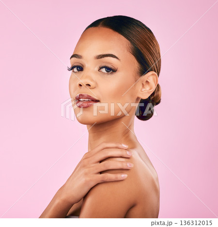 Skincare, beauty and portrait of woman with makeup, wellness and glow on pink background. Cosmetics, dermatology and face of model with luxury facial care results and healthy spa aesthetic in studio. 136312015