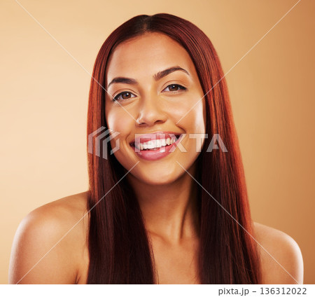 Hair care, natural beauty and portrait of happy woman with glow, luxury salon treatment and brown background. Aesthetic, haircut and haircare, face of model with cosmetics and keratin shine in studio Hair care, natural beauty and portrait of happy woman with glow, luxury salon treatment and brown background. Aesthetic, haircut and haircare, face of model with cosmetics and keratin shine in studio 136312022