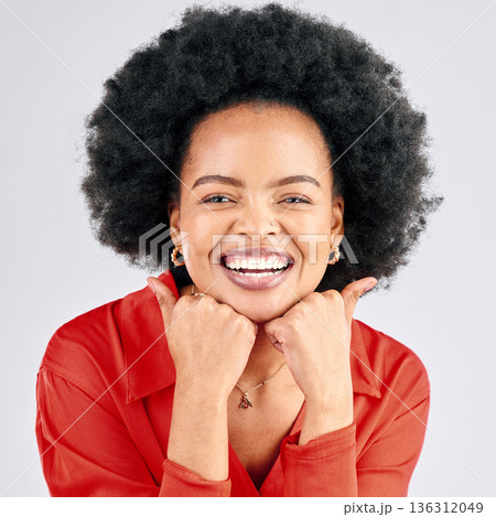 Portrait, black woman and smile with happiness, excited and cheerful girl against a white studio background. Face, female person and Jamaican model with joy, fashion and afro with positive mindset 136312049