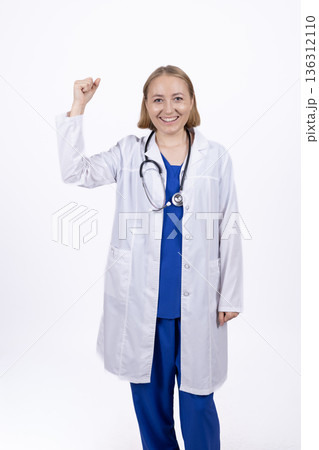 Professional female doctor in white coat waving hand Professional female doctor in white coat waving hand 136312110
