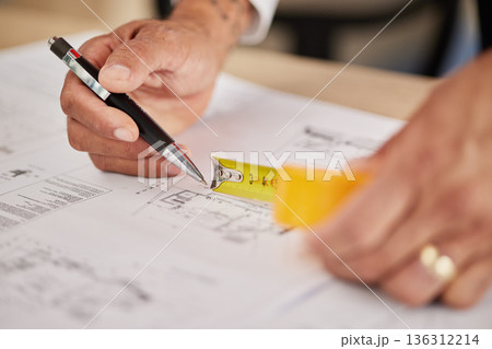 Hands, architecture and tape measure for drawing blueprint, illustration or engineering process of project. Closeup of designer with stationery for lines, property development or sketch of floor plan 136312214