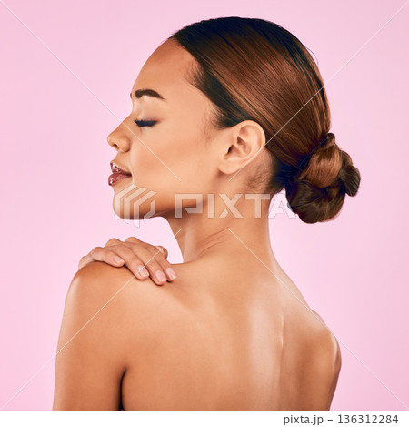 Woman, face and profile, natural beauty and skincare with cosmetic shine isolated on pink background. Female model, calm with makeup and dermatology, skin glow and wellness with self love in studio Woman, face and profile, natural beauty and skincare with cosmetic shine isolated on pink background. Female model, calm with makeup and dermatology, skin glow and wellness with self love in studio 136312284