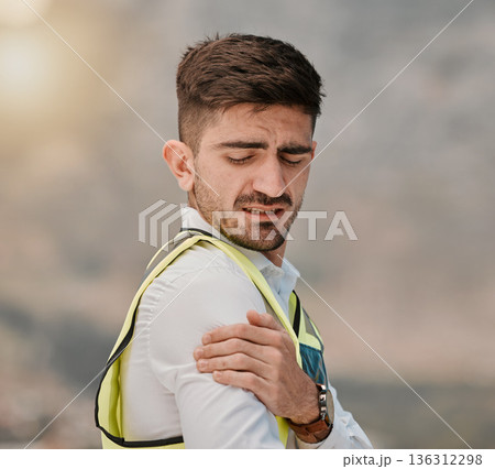 Architect shoulder pain, problem and hurt man with anatomy injury, medical emergency or fibromyalgia. Body trauma accident, architecture or male engineer with sore muscle joint from civil engineering 136312298