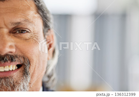 Closeup, senior man and happy portrait in office for professional mockup of businessman with mindset for success. Face, smile and person with happiness, focus and thinking of goals for the future Closeup, senior man and happy portrait in office for professional mockup of businessman with mindset for success. Face, smile and person with happiness, focus and thinking of goals for the future 136312399