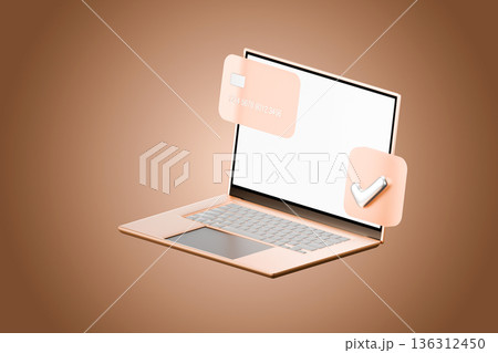 Laptop with credit card on light green background 136312450