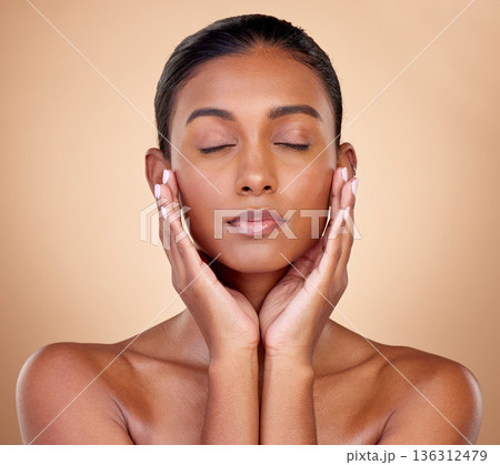 Relax, skincare or woman with wellness, beauty or natural facial glow with dermatology cosmetics in studio. Eyes closed, background or face of Indian girl model resting with shine or self love 136312479
