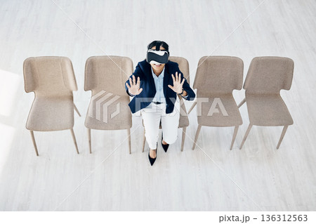Virtual reality, glasses and business woman in waiting room chair, Human Resources software or high tech interview. VR, vision and HR person in user experience, futuristic and digital hiring above Virtual reality, glasses and business woman in waiting room chair, Human Resources software or high tech interview. VR, vision and HR person in user experience, futuristic and digital hiring above 136312563