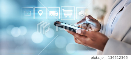 Hologram, businesswoman or hands typing on a phone for an app, social media, internet post or notification. Icons, digital mockup space or worker texting or searching for online shopping on mobile 136312566