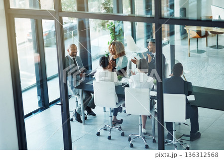 Meeting, applause and success with business people in office for strategy, corporate and teamwork. Support, collaboration and project management with employees in boardroom for workshop and solution 136312568