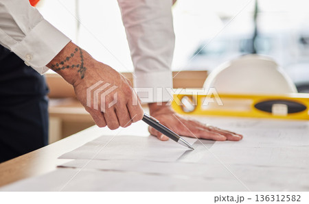 Hands, architecture and pen for drawing blueprint, project illustration or engineering process. Closeup, man or designer at documents, floor plan or paper to sketch renovation of building development Hands, architecture and pen for drawing blueprint, project illustration or engineering process. Closeup, man or designer at documents, floor plan or paper to sketch renovation of building development 136312582